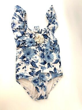 Janie and Jack Blue and White Floral One-Piece Swimsuit with Cream Flower